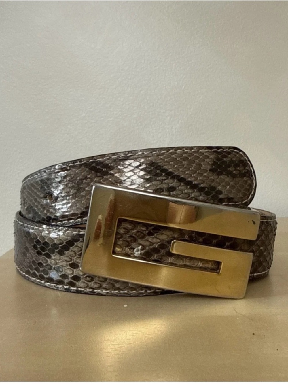 Brown Snake-Print Belt with Gold Buckle